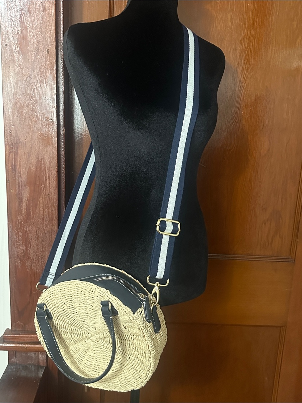 Talbots Natural Straw Round Crossbody with Navy Trim and Striped Strap